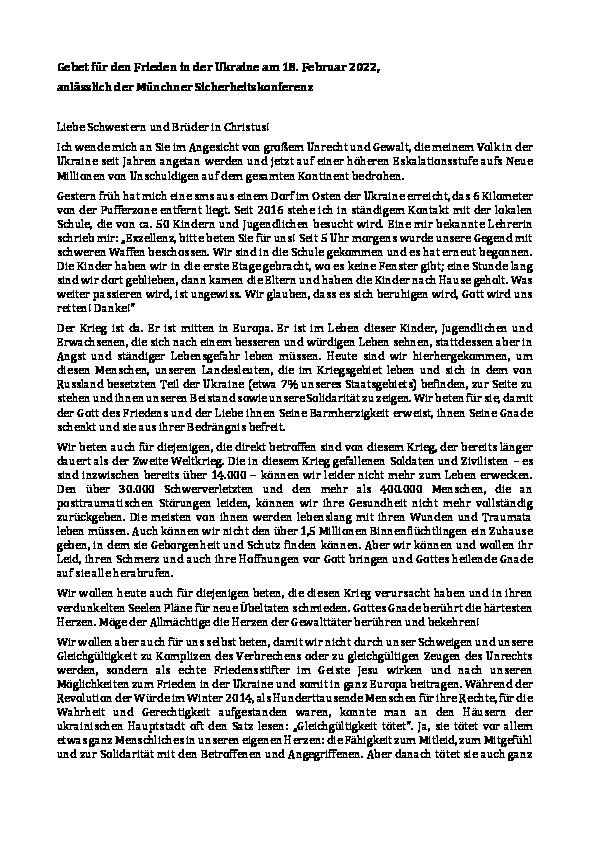 Predigt von Weihbischof Bohdan Dzyurach CSsR während des Gebets für den Frieden in der Ukraine am 18. Februar 2022, anlässlich der Münchner Sicherheitskonferenz