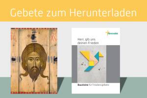 Das Bild zeigt eine zweigeteilte grafische Darstellung mit dem gelben Schriftzug „Gebete zum Herunterladen“ oben in einer schlichten, serifenlosen Schrift. Links im Bild ist ein Christus-Ikone abgebildet. Rechts daneben ist eine Publikation mit dem Titel „Herr, gib uns deinen Frieden“ zu sehen. Das Cover der Publikation zeigt eine stilisierte Friedenstaube, die aus bunten Tangram-Puzzleteilen in Gelb, Grün und Holzfarben zusammengesetzt ist.