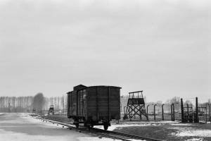 Das Foto zeigt einen Güterwagen auf den Schienen des Konzentrations- und Vernichtungslagers Auschwitz. Er steht für den Transport unzähliger Menschen, die in das Lager deportiert und dort umgebracht wurden. Im Hintergrund sind Zäune und Wachtürme des Lagers zu sehen.